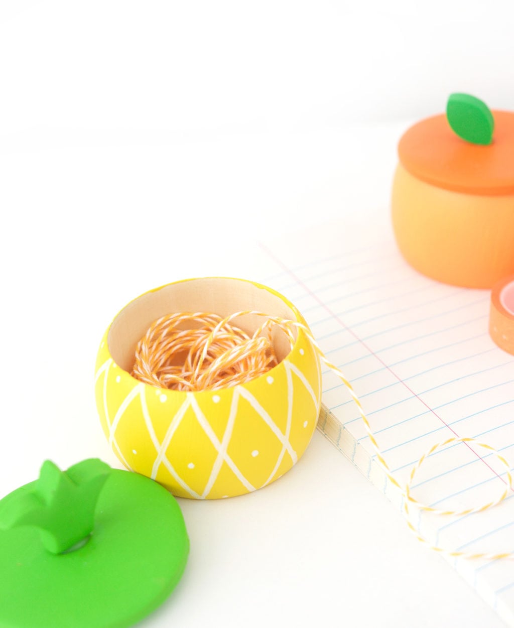 Create DIY Fruity Wooden Bracelet Trinket Boxes with a wooden bracelet and clay to create the perfect desk accessory