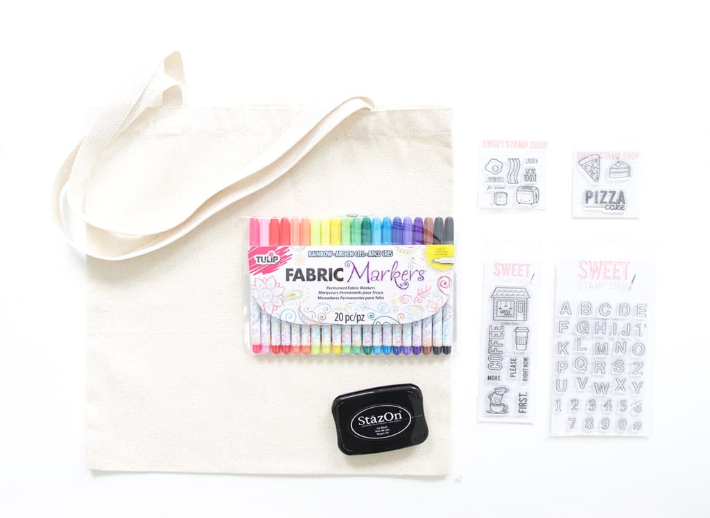 Use a few supplies to create a customized easy stamped canvas tote bag that you can color with fabric markers