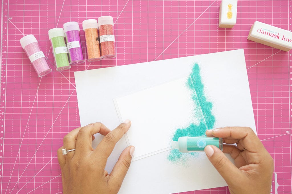 Use your Silhouette Mint to create stamps for your custom stamped glitter edge notecards | damask love