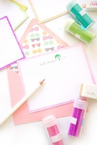 Use your Silhouette Mint to create stamps for your custom stamped glitter edge notecards | damask love