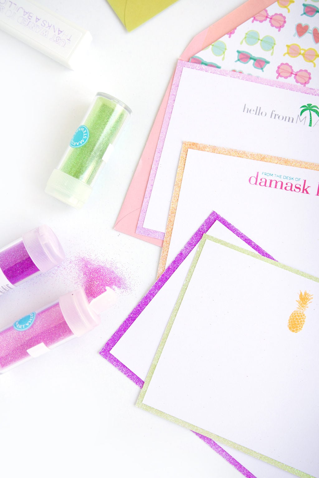 Use your Silhouette Mint to create stamps for your custom stamped glitter edge notecards | damask love