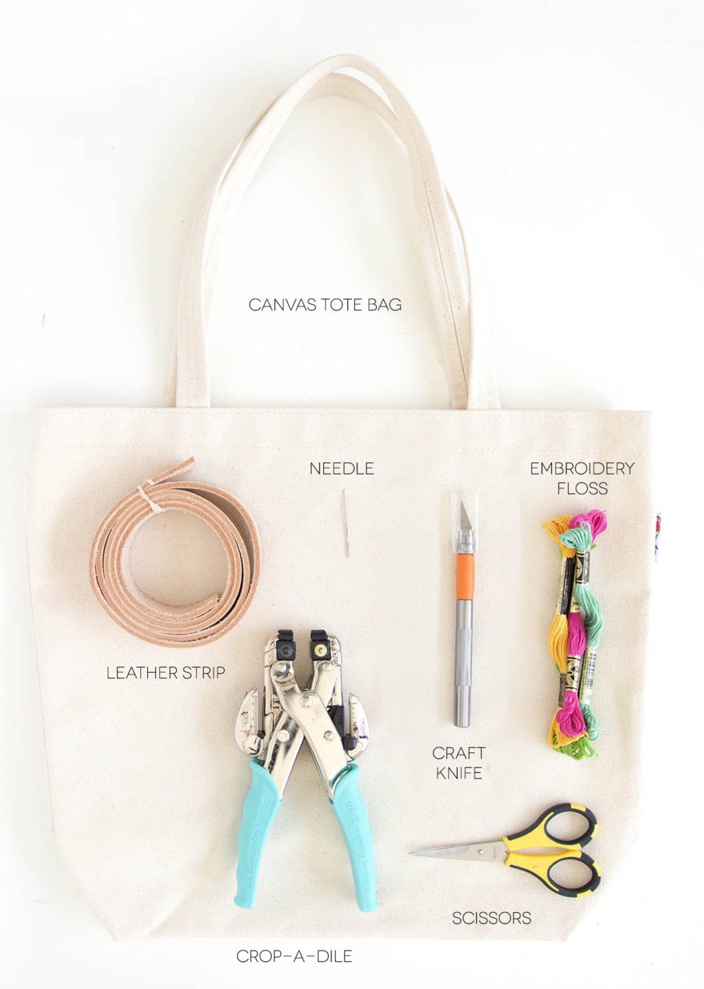 Transform a regular canvas tote bag into a DIY Leather Strap Canvas Tote Bag with the addition of leather and a few basic crafting supplies.