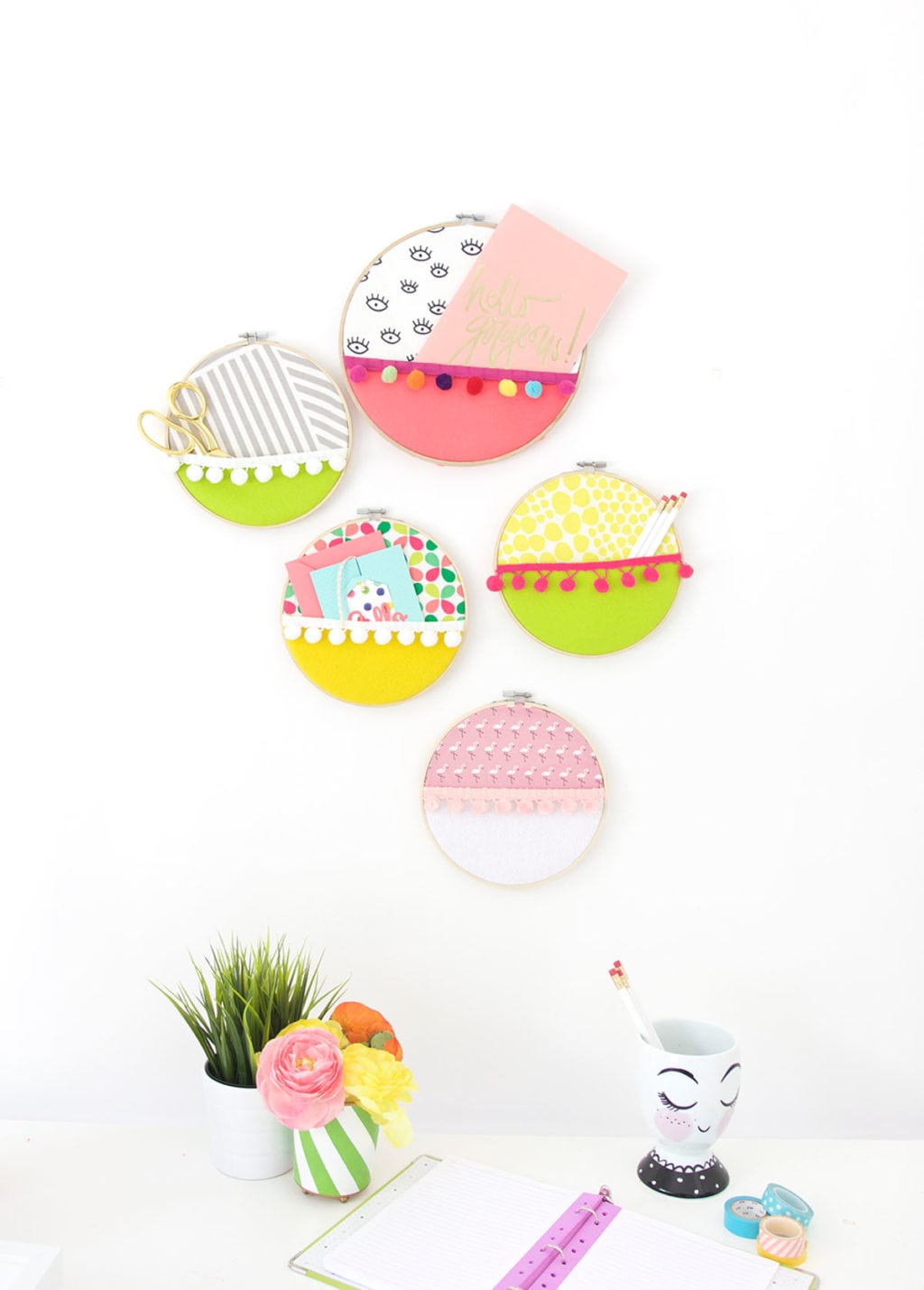 Crafty and Colorful DIY Embroidery Hoop Wall Pockets