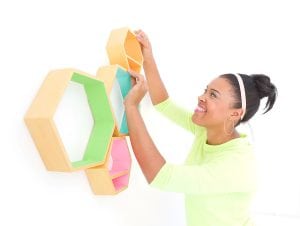 Create these DecoArt Metallic Hexagon Wall Shelves using DecoArt gold metallic paints to add perfect shimmer to your office walls.