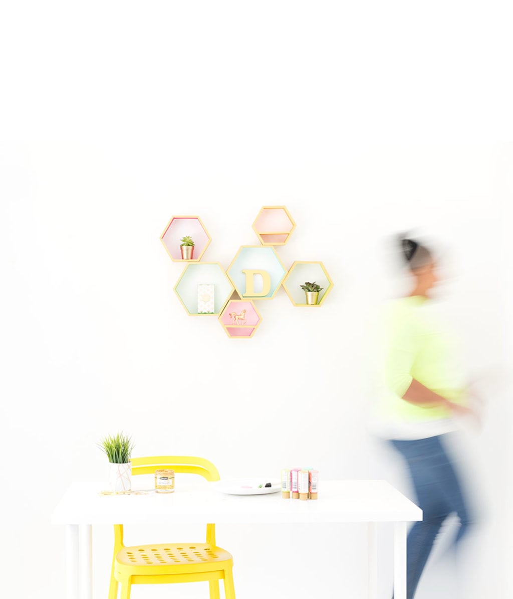 Create these DecoArt Metallic Hexagon Wall Shelves using DecoArt gold metallic paints to add perfect shimmer to your office walls.