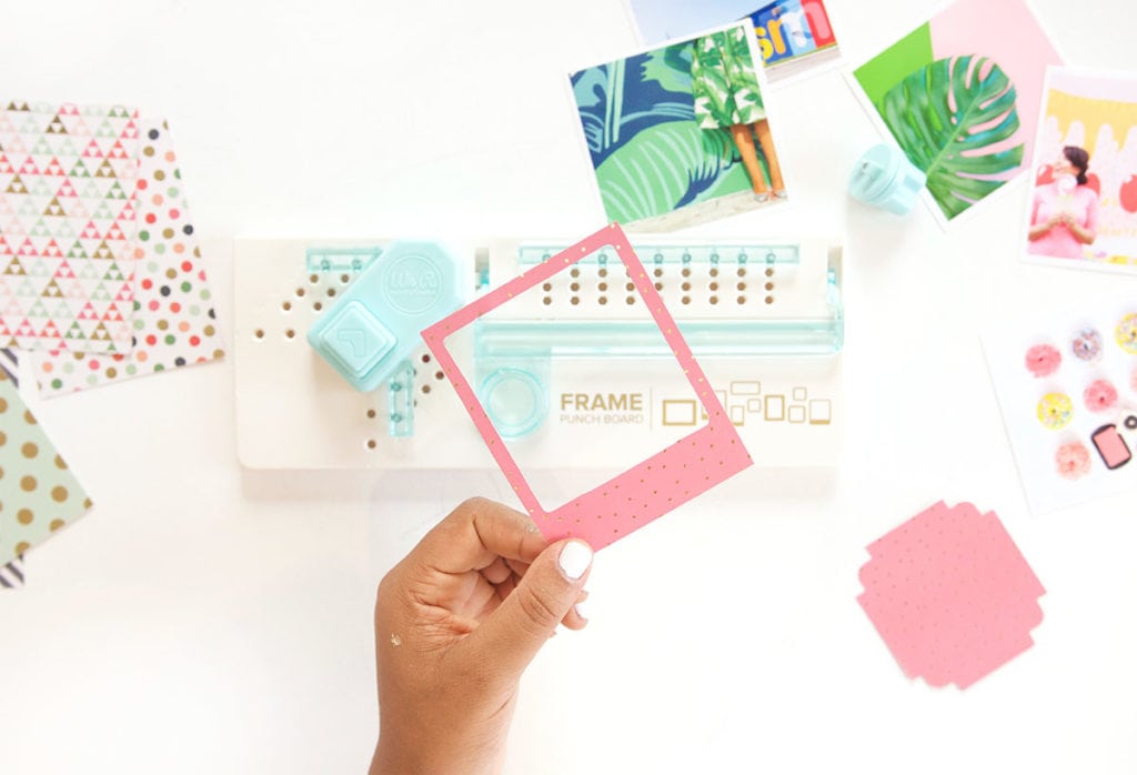 Use the We R Memory Keepers Frame Punch to create perfect paper polaroid frames for photos and other projects.