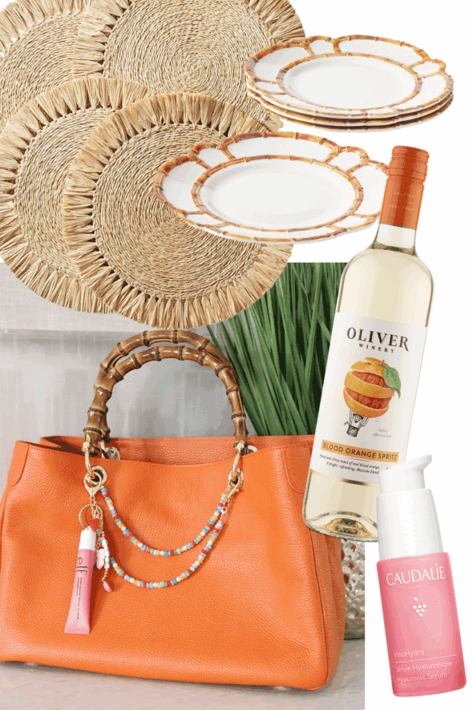 collage of skin care, home decor, wine, and handbag images