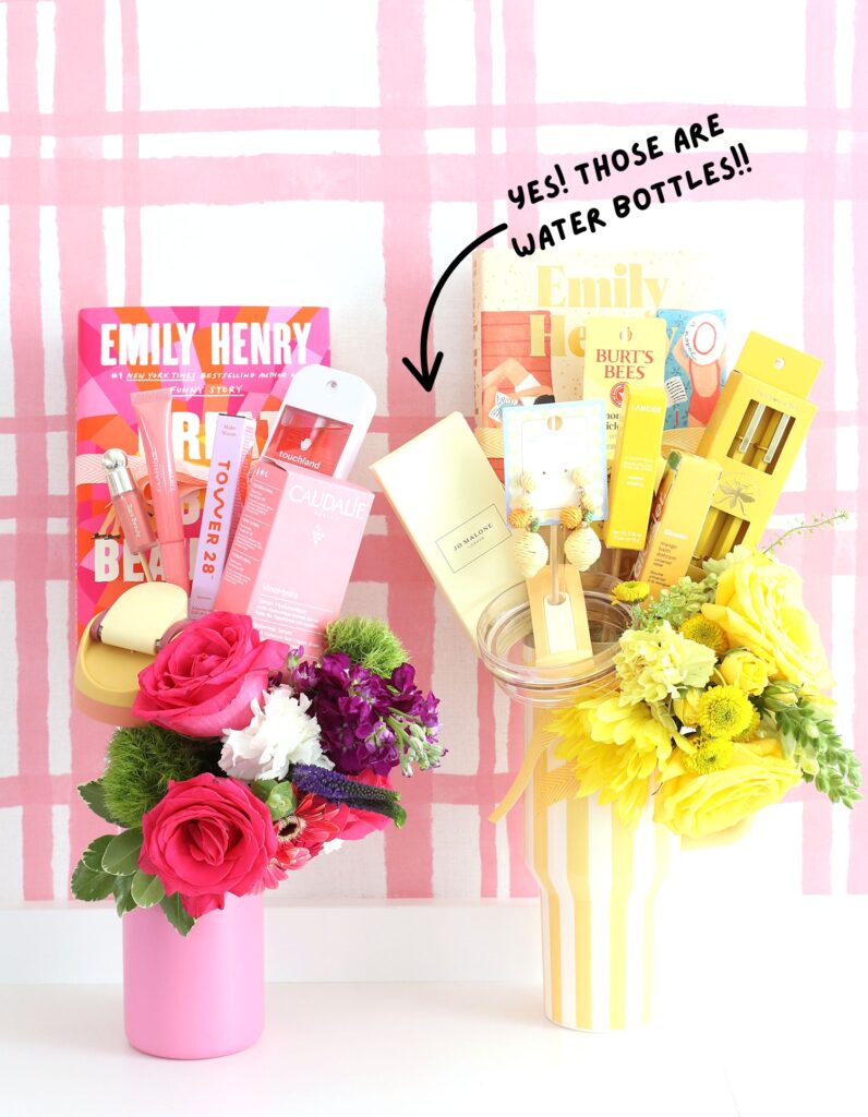 Stanley and Owala water bottles with florals and gifts inside